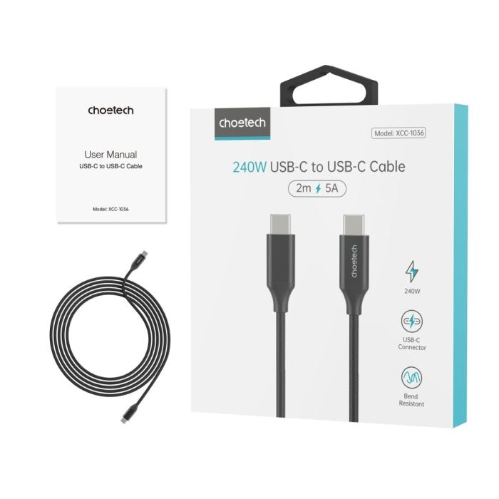 Кабель Choetech ХСС-1036 Black USB-C to USB-C PD3.1 240W 2m