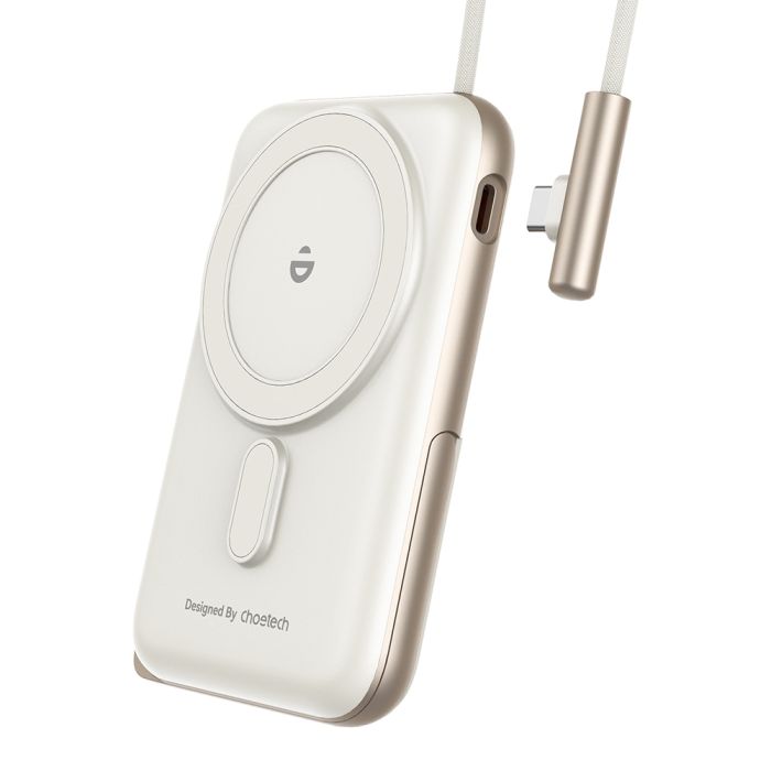 Повербанк 10000mAh Choetech B735 White QC3.0 PD3.0 бездротова магнітна зарядка, вбудований кабель, підставка