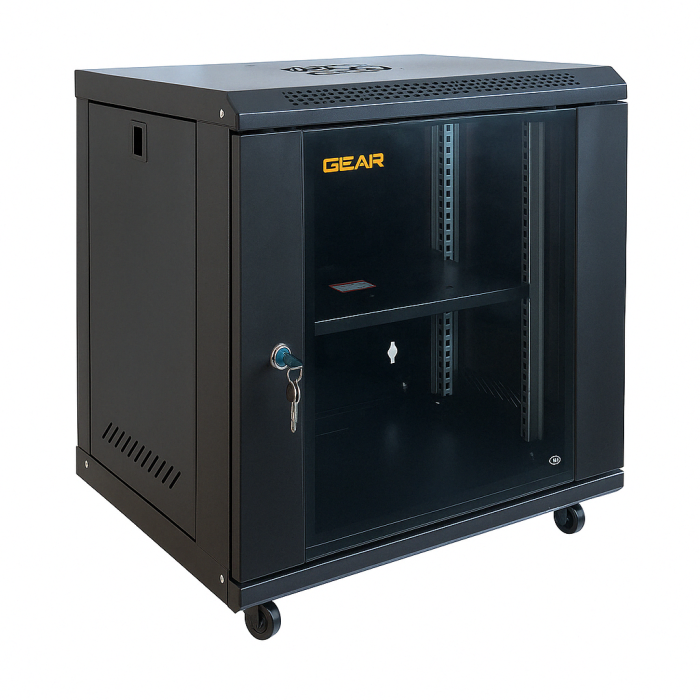 Шафа серверна настінна з полицею GEAR 12U 19'' 600x450x600 Чорна (GWMSN-12U-600-450)