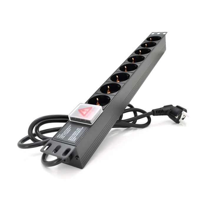 Подовжувач PiPo на 8 розеток з вимикачем, 220В, німецький тип, 1U 19", алюмінієвий корпус, чорний, довжина кабелю 1,8 м, Q25