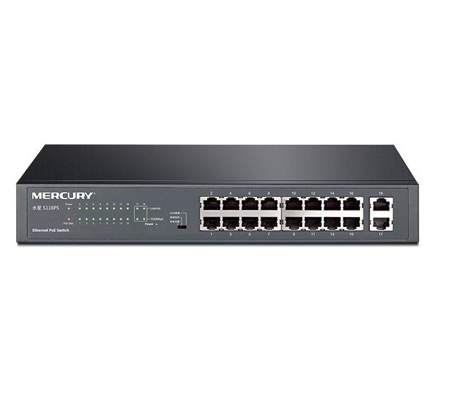 Комутатор POE Mercury SG118PS 16 портів POE 100Мбит + 2 порт Ethernet (UP-Link) 100 Мбіт, БП вбудований, BOX (294*180*44)
