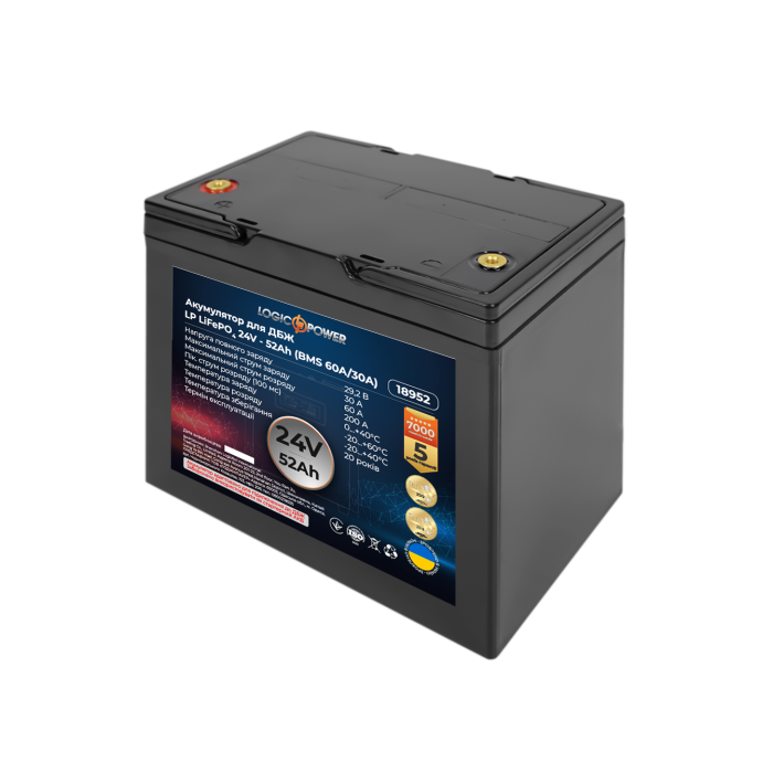 Акумулятор LP LiFePO4 24V (25,6V) - 52 Ah (1331Wh) (BMS 60A/30A) пластик для ДБЖ
