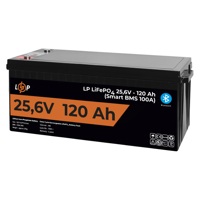 Акумулятор LP LiFePO4 25,6V - 120 Ah (3072Wh) (Smart BMS 100А) з BT пластик для ДБЖ
