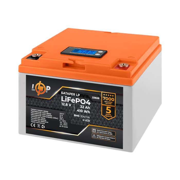 Акумулятор LP LiFePO4 12,8V - 32 Ah (410Wh) (BMS 30А/15A) пластик LCD для ДБЖ