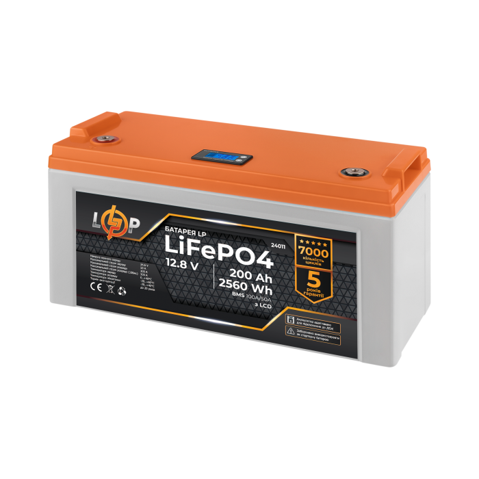 Акумулятор LP LiFePO4 12,8V - 200 Ah (2560Wh) (BMS 100A/50А) пластик LCD для ДБЖ