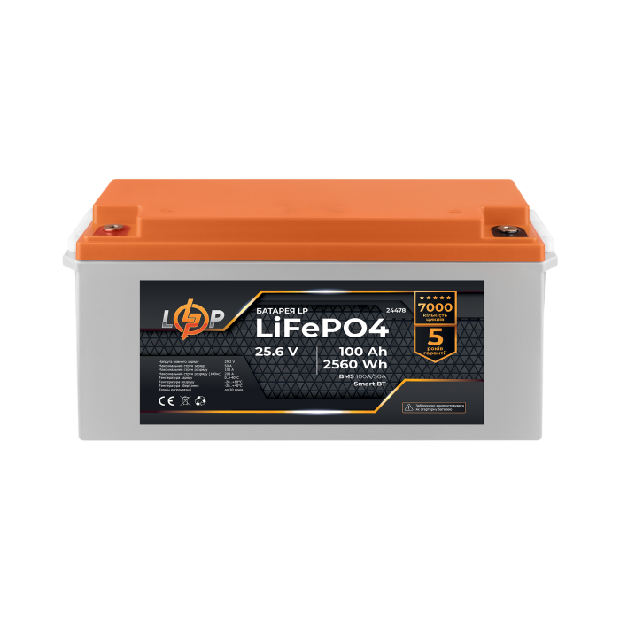 Акумулятор LP LiFePO4 25,6V - 100 Ah (2560Wh) (BMS 100A/50А) пластик Smart BT