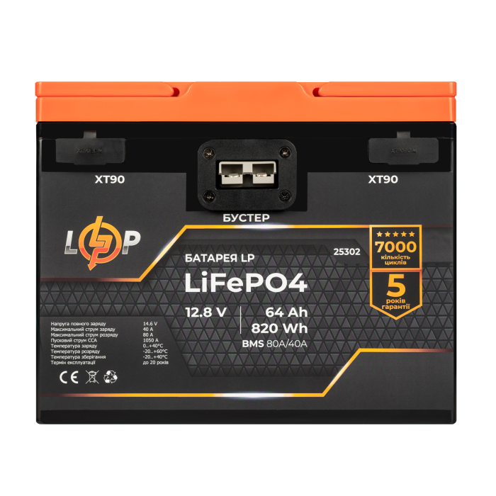 Акумулятор LP LiFePO4 12,8V - 64 Ah (820Wh) (BMS 80A/40А) пластик 2XT90 4USB стартер