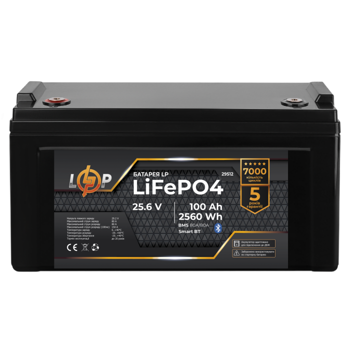 Акумулятор LP LiFePO4 25,6V - 100 Ah (2560Wh) (BMS 80A/80А) пластик Smart BT