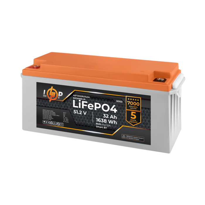Акумулятор LP LiFePO4 51,2V - 32 Ah (1638Wh) (BMS 64A/32А) пластик LCD Smart BT