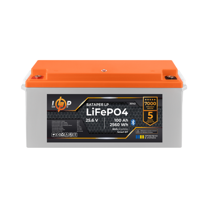 Акумулятор LP LiFePO4 25,6V - 100 Ah (2560Wh) (BMS 80A/50А) пластик Smart BT