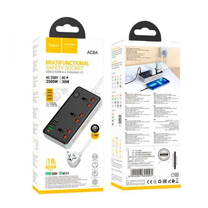 Мережевий фільтр HOCO AC8A на 3 розетки + 3 USB+USB-C, 30W, 220В, кабель 1,5м, Black/White, Box