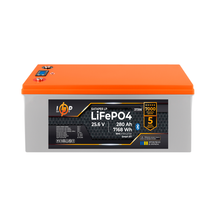 Акумулятор LP LiFePO4 25,6V - 280 Ah (7168Wh) (BMS 200A/200А) пластик Smart BT