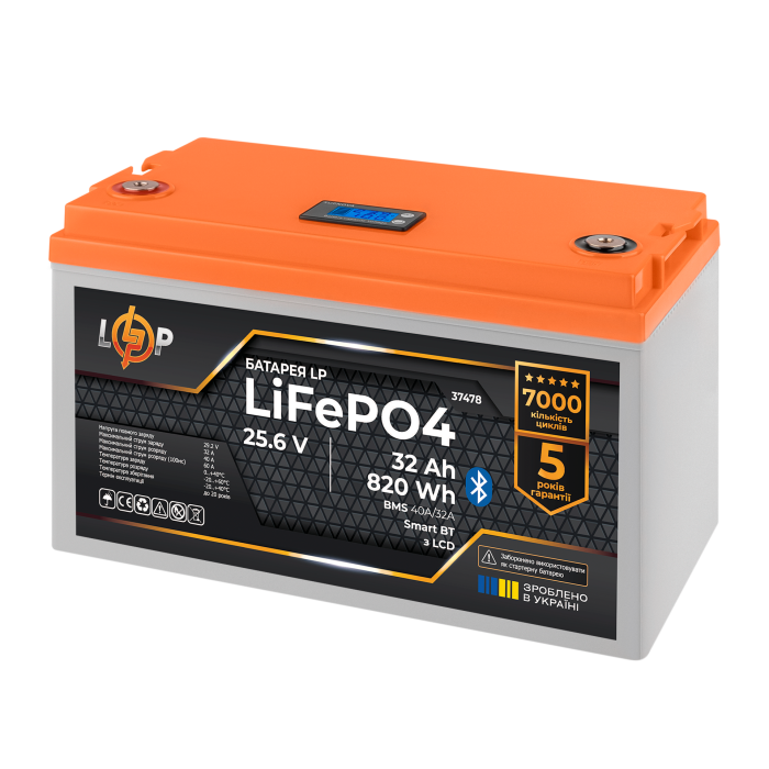 Акумулятор LP LiFePO4 25,6V - 32 Ah (820Wh) (BMS 40А/32A) пластик LCD Smart BT