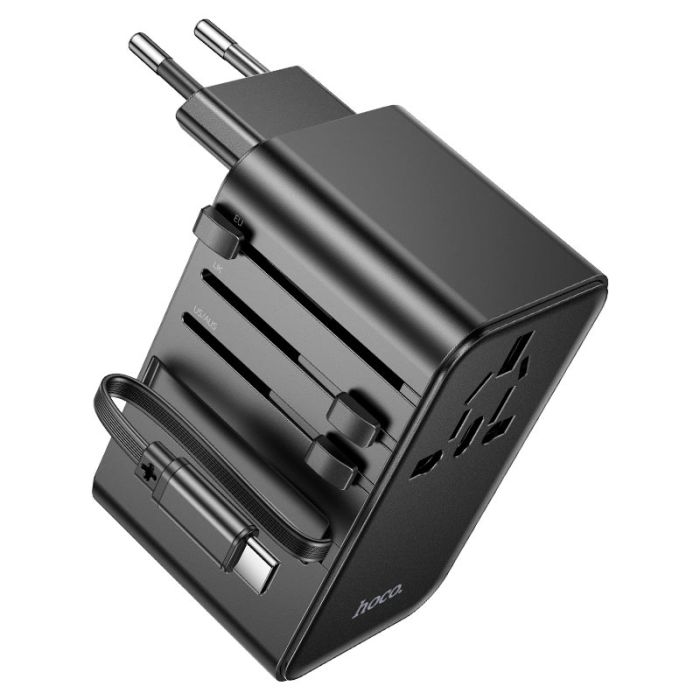 Мережевий фільтр HOCO AC18A на 1 розетку + 2 USB + USB-C, 35W, кабель 1,5 м, 220В, Black, Box