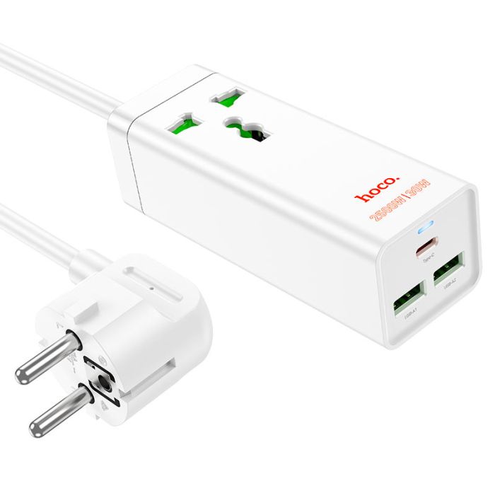 Мережевий фільтр HOCO AC9A на 1 розетку + 2 USB+USB-C, 30W, 220В, кабель 1,5м, White, Box