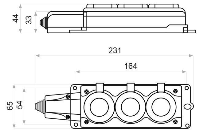 Колодка каучукова 2Р+PE з захисними кришками тримісна 16А IP44 