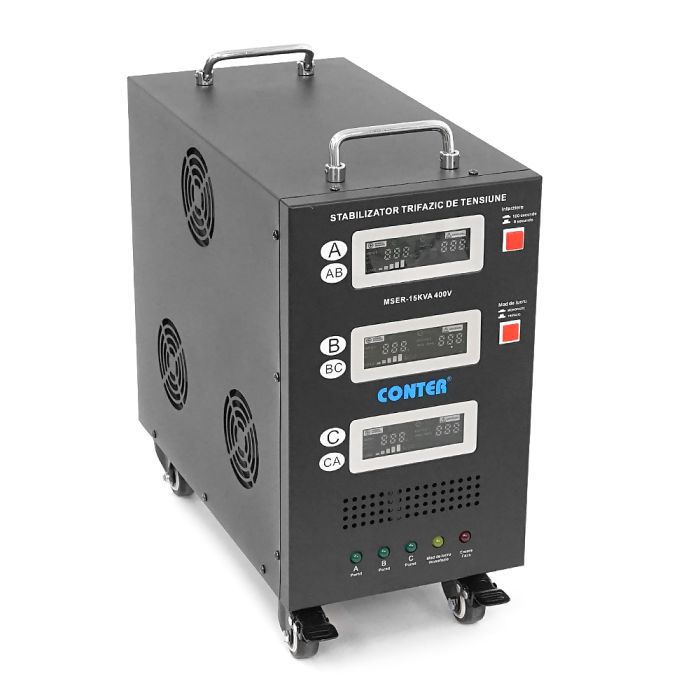Стабілізатор напруги Conter MSER-15KVA/12KW-400V-V2 трифазний, сервопривід, монтажу підлоги, LED дисплей, діап225-450V, AC400±3%, колодка, 416x219x352 mm, 33.8kg