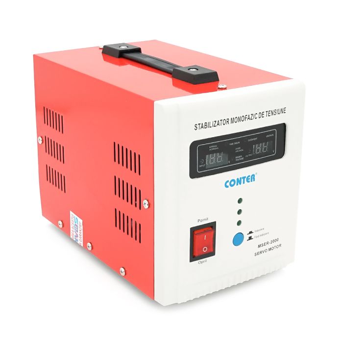 Стабілізатор напруги Conter MSER 2000 VA-V2/1600W однофазний, сервопривід, напольного монтажу, LED дисплей, діапазон130-260V, AC230±3%, 2*Shuko, 5.2kg, Q2