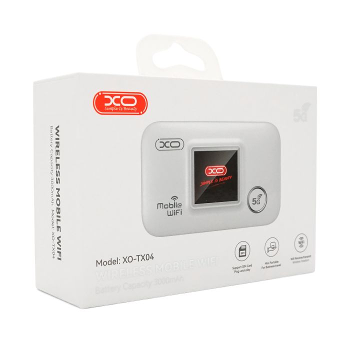 4G XO TX04 Портативний мобільний WiFi-маршрутизатор, (батарея) 3000 мАг. 802.11 b/g/n, 4G/3G, 95,1*58,6*15,7 мм, 90г. Білий