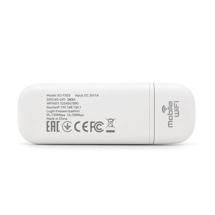4G XO TX03 Портативний мобільний WiFi-маршрутизатор USB, 802.11 b/g/n, 5G LTE/3G, до 150 Мбіт/с, до 8–10 пристроїв, Білий