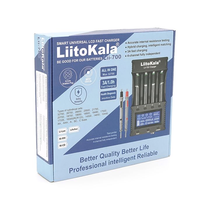 ЗУ універсальне Liitokala Lii-700, 4 канали, LCD display, підтримує Li-ion, Ni-Mh/Li-ion/LiFePO4, 220V/12V, Test/Repair/ACIR, Box