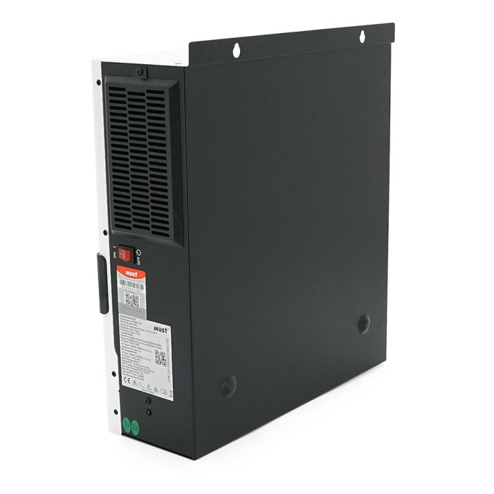 Гібридний інвертор MUST PV18-2012PRO, 2000 Вт/1600 Вт, 12 В, струм заряду 80 А, Wi-Fi, RS485/CAN, 170–280 В, MPPT (80 А, 30–320 В постійного струму), 318 × 369 × 121 мм. 6,2 кг.