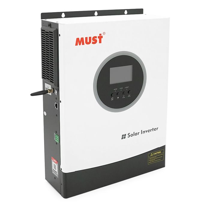 Гібридний інвертор MUST PV18-3624PREM, 3600W, 24 В, струм заряду AC 60 А/PV 100 А, 170–280 В, Wi-Fi, USB, RS485, CAN, MPPT (100 А, 60–360 В постійного струму), 318×454×122 мм, 7,8 кг.