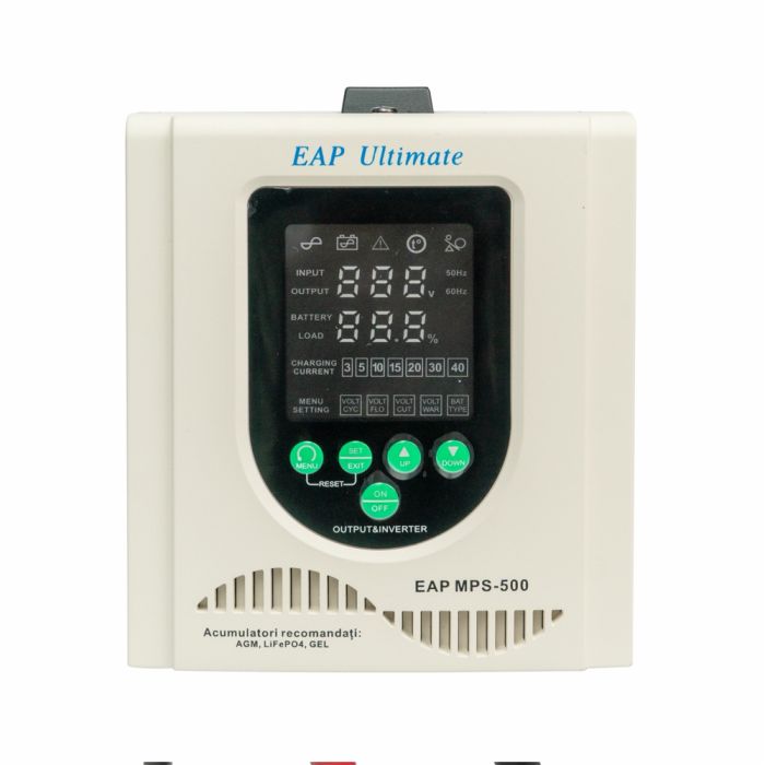 ДБЖ з правильною синусоїдою Westech EAP ULTIMATE MPS-500 (800VA), 3/5/10/15А, під зовнішню АКБ 12В (AGM/GEL/LFP), 230х145х180мм