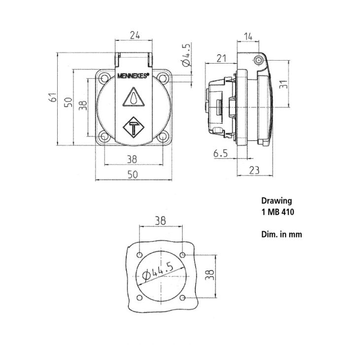 Розетка панельна SCHUKO 16A 2п+З 230В, IP54 синя (клеми plug-in), MENNEKES (артикул 11011)