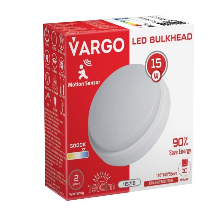 LED Светильник VARGO ЖКХ 15W круг IP54 1200lm с датчиком руху Розмір: 140*140*55мм (115718)