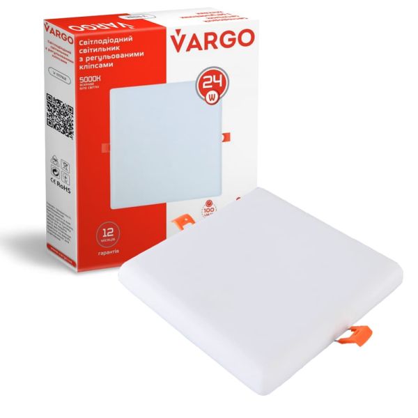 LED свiтильник VARGO квадрат 24W 4000K 2400lm з регульованими кліпсами розмір отв. 50-150mm, розмір 170*170mm (V-111782)