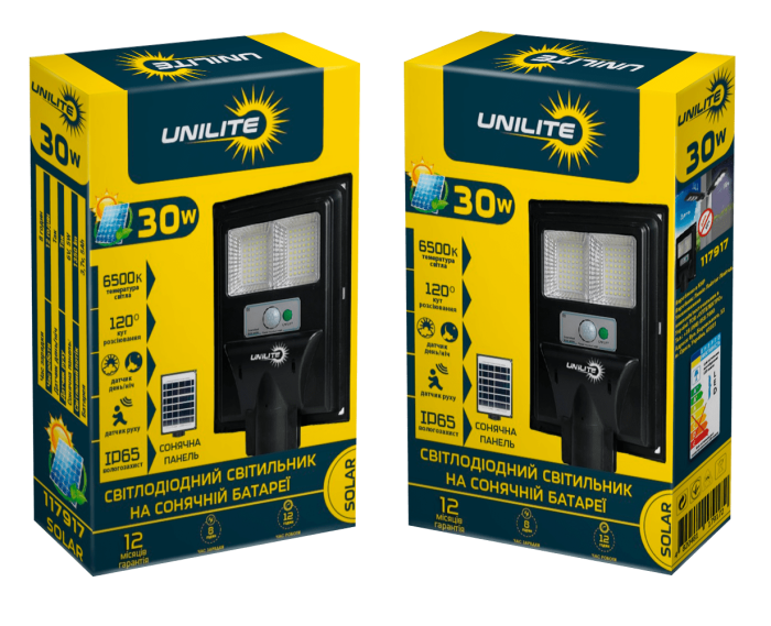 Світлодіодний вуличний сонячний світильник UNILITE 30W 6500K (117917)