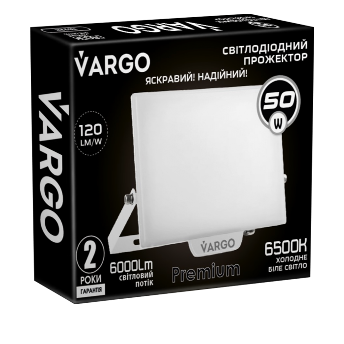 LED Прожектор VARGO Premium 50W, 6000lm, 120lm/w, IC Driver, 2 роки гарантія, білий (118922)