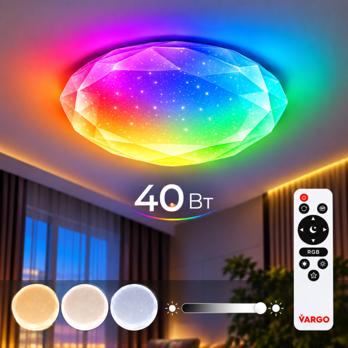 Світильник LED стельовий VARGO SMART Diamond 40 Вт Ø375 мм, 3000К-6000К, RGB, з пультом ДК (120626)
