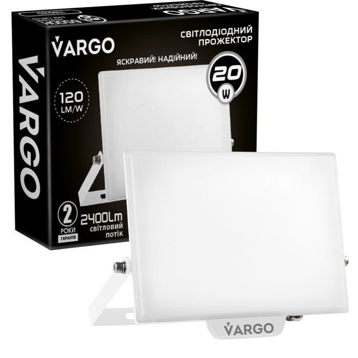 LED Прожектор VARGO Premium 20W, 2400lm, 120lm/w, IC Driver, 2 роки гарантія, білий (118920)