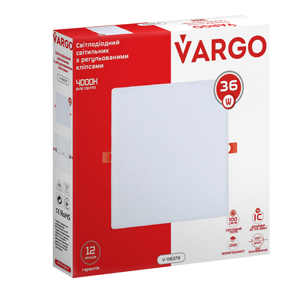 LED свiтильник VARGO квадрат 36W 4000K 36000lm  з регульованими кліпсами розмір отв. 50-70mm, розмір 120*120mm (V-111780)