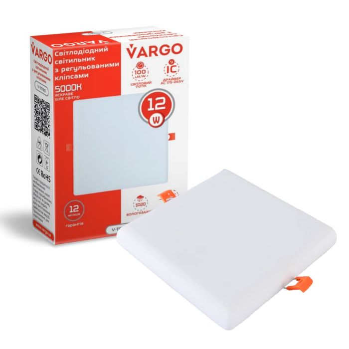LED свiтильник VARGO квадрат 12W 4000K 1200lm з регульованими кліпсами розмір отв. 50-70mm, розмір 85*85mm (V-111780)