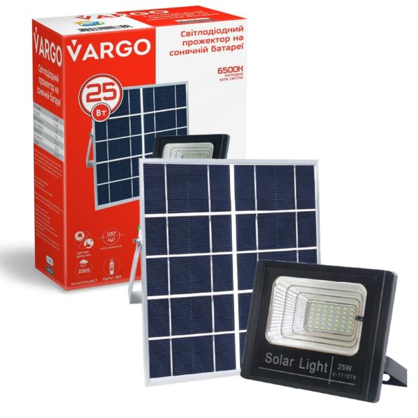 LED Прожектор VARGO на сонячній батареї 25W 
Світловий потік: 1250lm
Акумулятор: 3.7V, 4Аh
Час зарядки 8 годин
Час роботи: 12 годин
Вбудований датчик день / ніч, з пультом керування
(111874)
