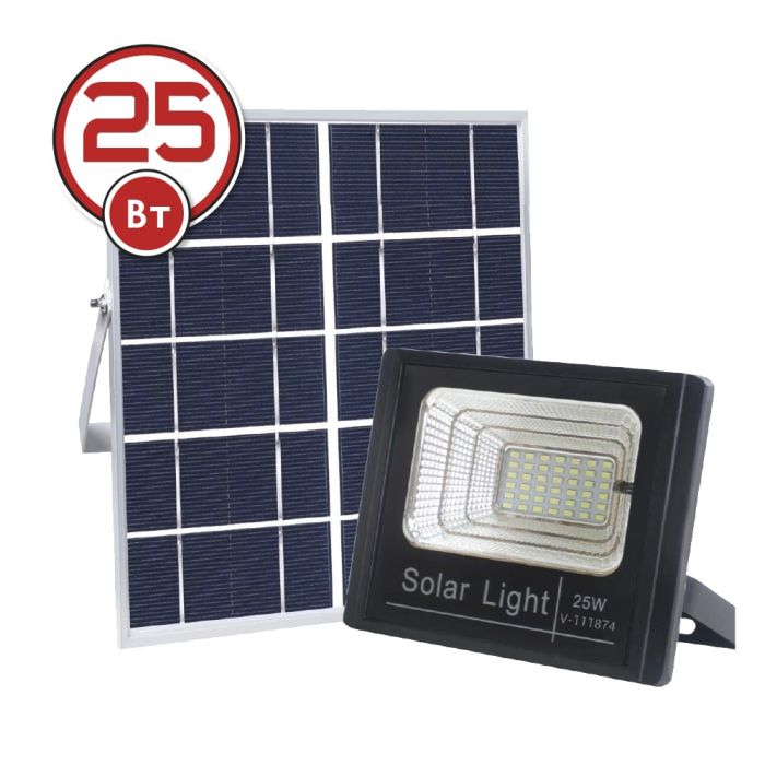 LED Прожектор VARGO на сонячній батареї 25W 
Світловий потік: 1250lm
Акумулятор: 3.7V, 4Аh
Час зарядки 8 годин
Час роботи: 12 годин
Вбудований датчик день / ніч, з пультом керування
(111874)