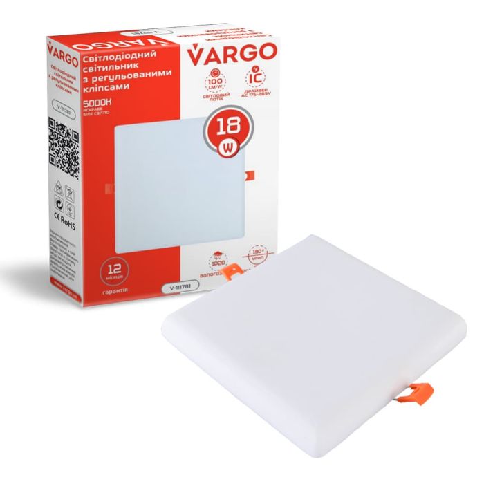 LED свiтильник VARGO квадрат 18W 4000K 1800lm з регульованими кліпсами розмір отв. 50-105mm, розмір 120*120mm (V-111781)