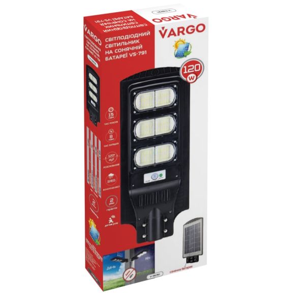 LED вуличний світильник на сонячній батареї VARGO 120W 6500K, Акумулятор: 3.2V, 14Аh Сонячна панель: 6V, 18W, з датчик руху, 116791