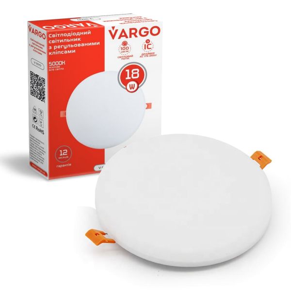 LED свiтильник VARGO коло 18W 4000K 1800lm з регульованими кліпсами розмір отв. 50-105mm, розмір 120mm (V-111777)