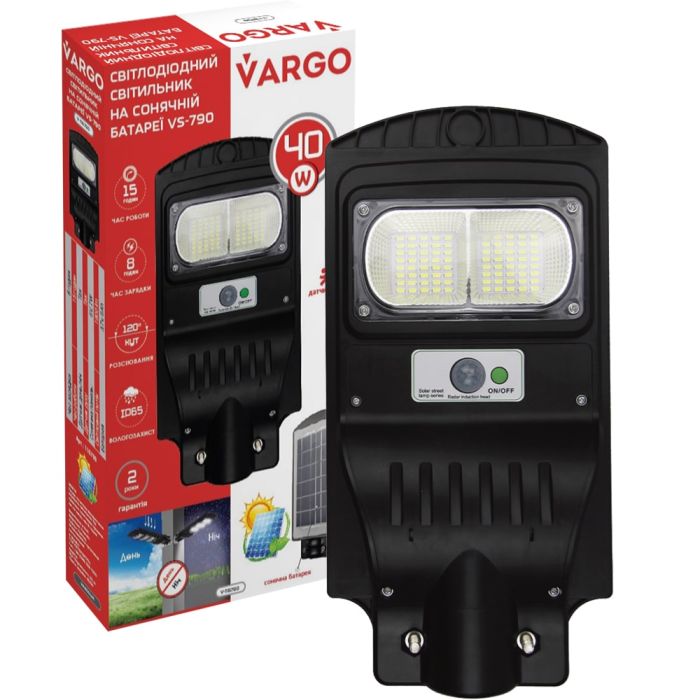 LED вуличний світильник на сонячній батареї VARGO 40W 6500K, Акумулятор: 3.2V, 6Аh Сонячна панель: 6V, 7W, з датчик руху, 116790