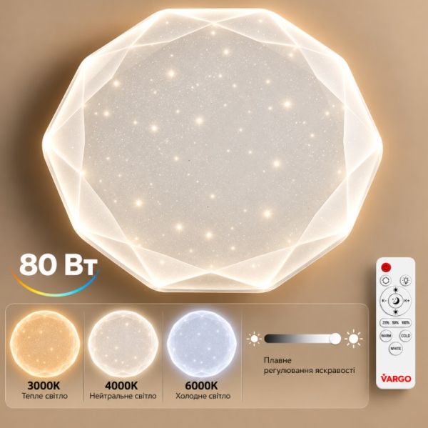 Світильник LED стельовий VARGO Diamond 80 Вт Ø500 мм, 3000К-6000К, з пультом ДУ (120625)