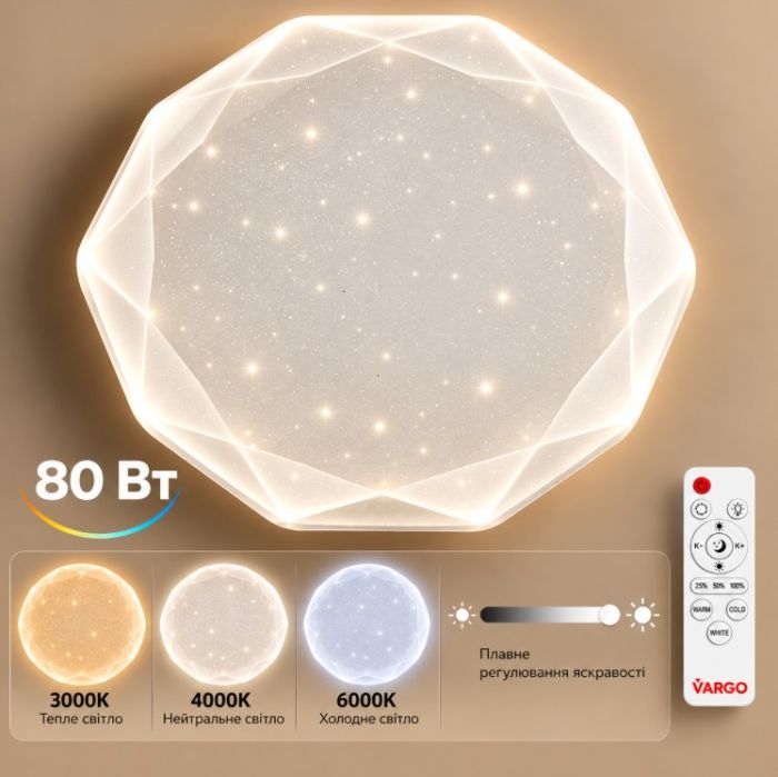 Світильник LED стельовий VARGO Diamond 80 Вт Ø500 мм, 3000К-6000К, з пультом ДУ (120625)