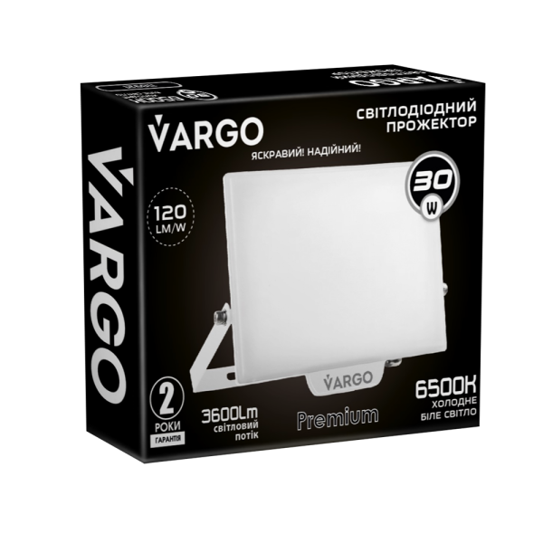 LED Прожектор VARGO Premium 30W, 3600lm, 120lm/w, IC Driver, 2 роки гарантія, білий (118921)