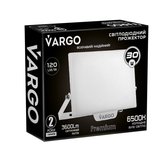LED Прожектор VARGO Premium 30W, 3600lm, 120lm/w, IC Driver, 2 роки гарантія, білий (118921)