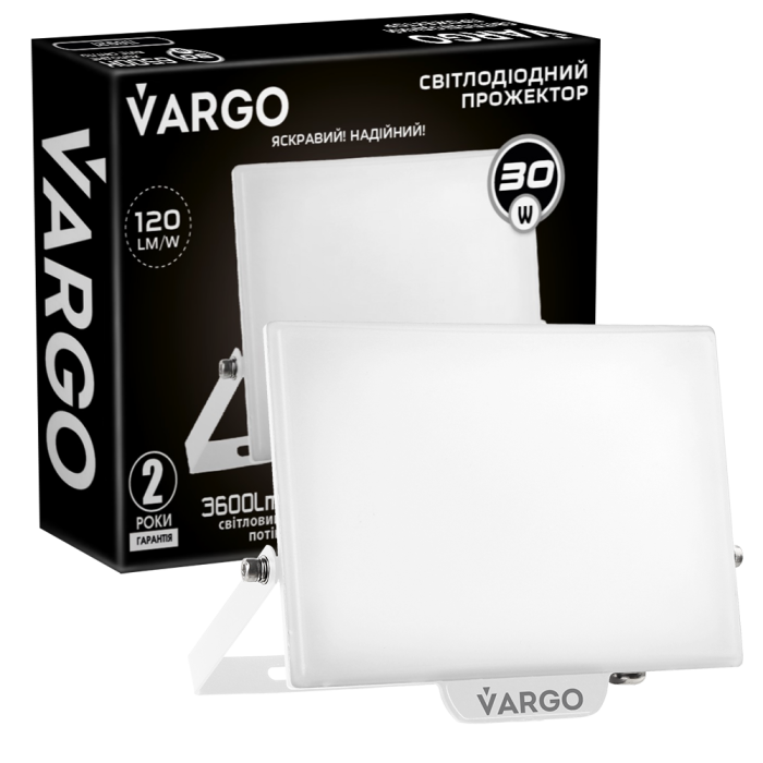LED Прожектор VARGO Premium 30W, 3600lm, 120lm/w, IC Driver, 2 роки гарантія, білий (118921)