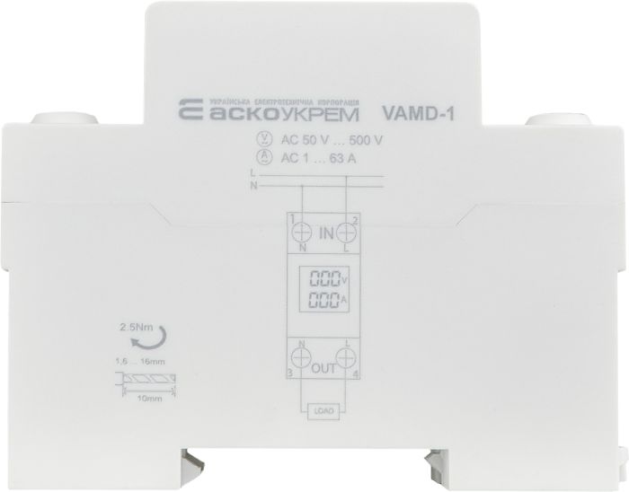 Вольтметр-амперметр модульний цифровий однофазний  VAMD-1  (AC 50-500 V; 1-63 A)  