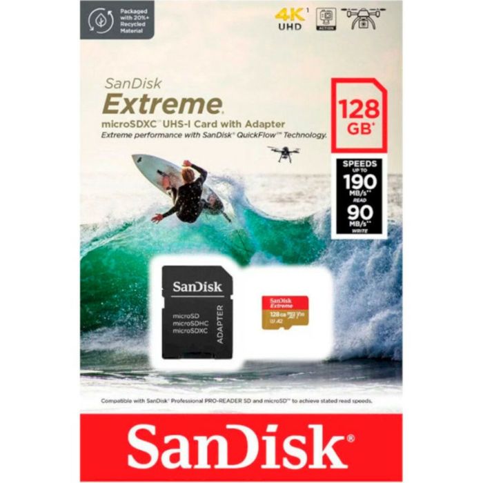 Карта пам'яті microSDXC (UHS-1 U3) SanDisk Extreme For Action Cams and Drones A2 128Gb class 10 V30 (R190MB/s,W90MB/s) (adapter) (SDSQXAA-128G-GN6AA)